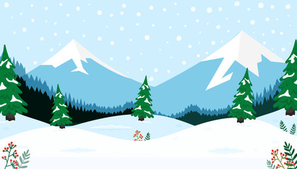 Fototapeta premium Snowy mountain landscape with evergreen trees and gentle snowfall during winter season