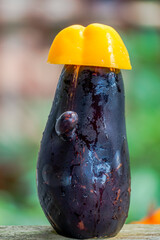 Close-up decorated eggplants, funny image