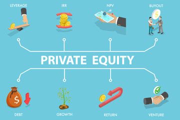 Naklejka premium 3D Isometric Flat Vector Illustration of Private Equity, Business Investment