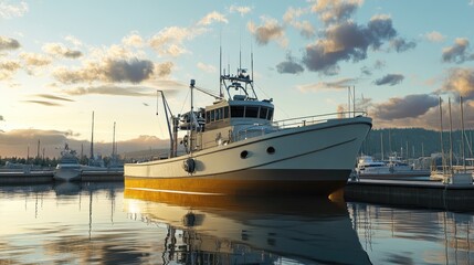 Naklejka premium Fishing boat docked at marina during sunset with calm waters