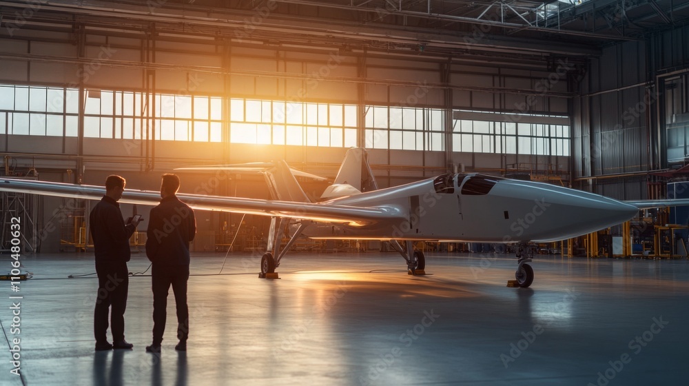 Poster two engineers discuss an electric aircraft prototype inside a spacious hangar.