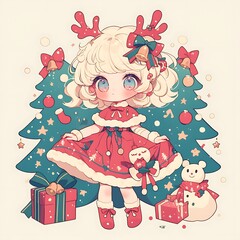 Naklejka premium Cute Christmas Chibi Girl with Christmas Trees and Gifts. Concept of Holiday Cheer and Festive Season.