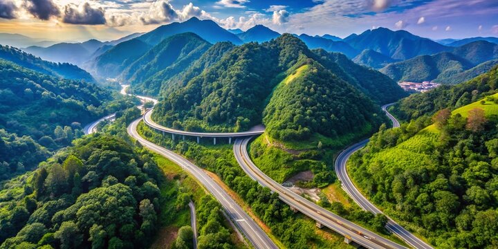 Aerial View of Tree Giam Kanching Bypass Highway Winding Through Lush Mountains of Rawang, Selangor, Malaysia, Surrounded by Vibrant Greenery and Scenic Landscapes