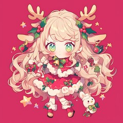 Cute Christmas Chibi Girl with Deer Antlers. Festive Holiday Character Design.