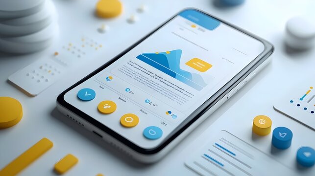 A phone with a blue and yellow screen displaying a mountain range