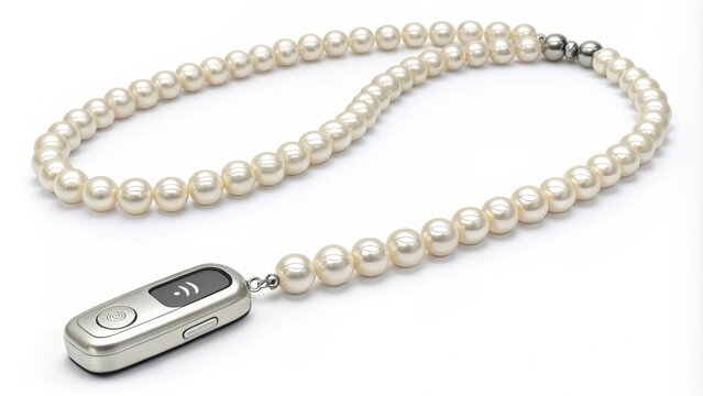 An elegant pearl necklace featuring a discreet clasp that functions as a pager combining classic beauty with contemporary technology.