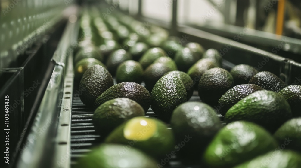 Leinwandbilder fresh avocados are lined up on a conveyor belt in a production facility where they are being prepare