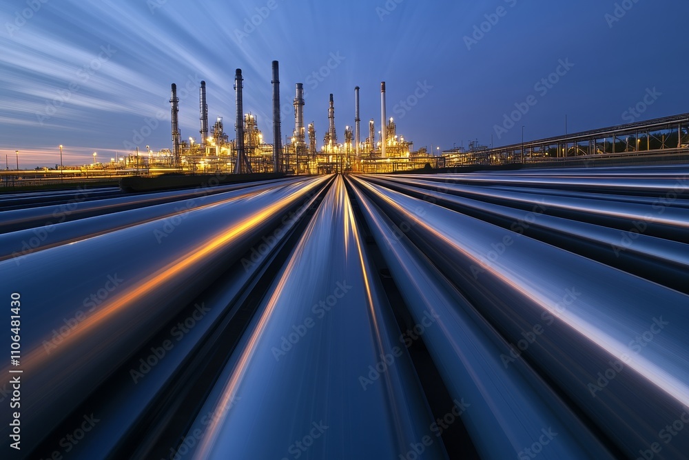 Poster captivating industrial scene featuring pipeline structures leading towards a glowing oil refinery at