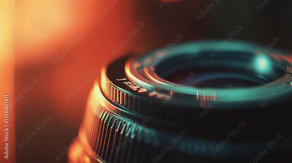 Poster a color-toned image showcasing the diaphragm of a camera lens aperture with selective focus and shal