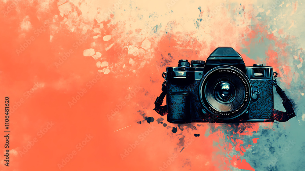 Poster a digital painting showcasing a photo camera as the main subject, presented in the form of a banner