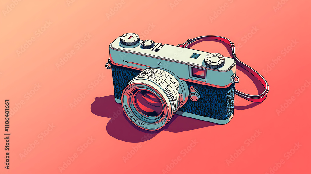 Poster a retro camera depicted in a flat style against a colored background, complete with a strap