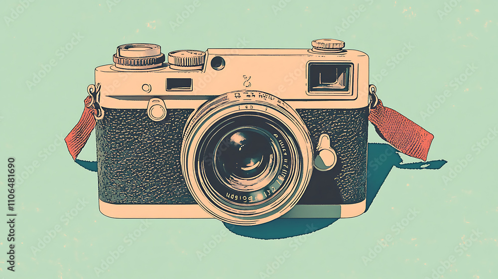 Poster a retro camera depicted in a flat style against a colored background, complete with a strap