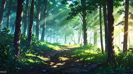 Obraz premium Light and forest - Day , Anime background , Illustration.