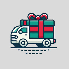 Fototapeta premium A flat-style illustration of a truck carrying a large Christmas gift box with a red ribbon, symbolizing festive gift delivery and holiday logistics. 