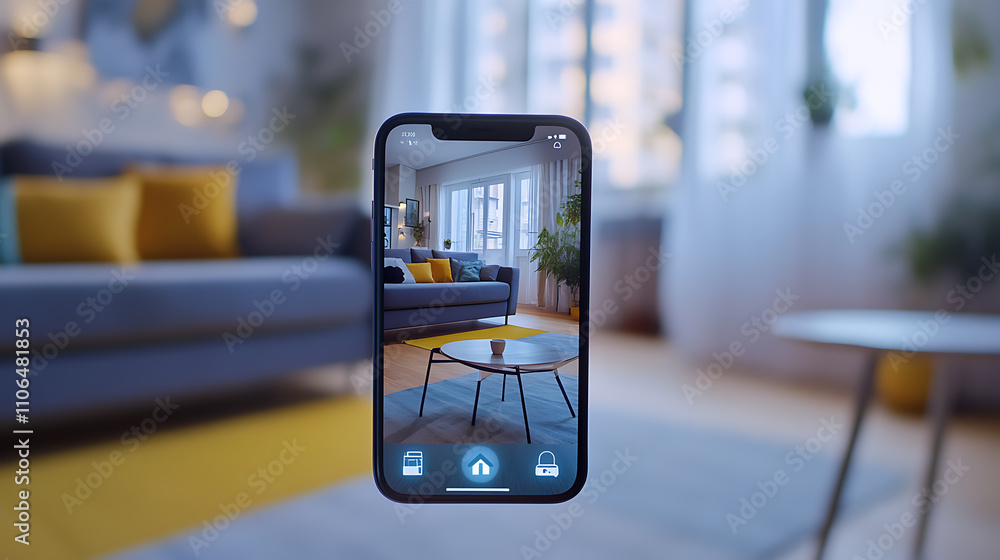 Poster a smartphone app screen displays a smart home technology interface, featuring an augmented reality (