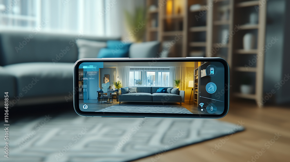 Aufkleber a smartphone app screen displays a smart home technology interface, featuring an augmented reality (
