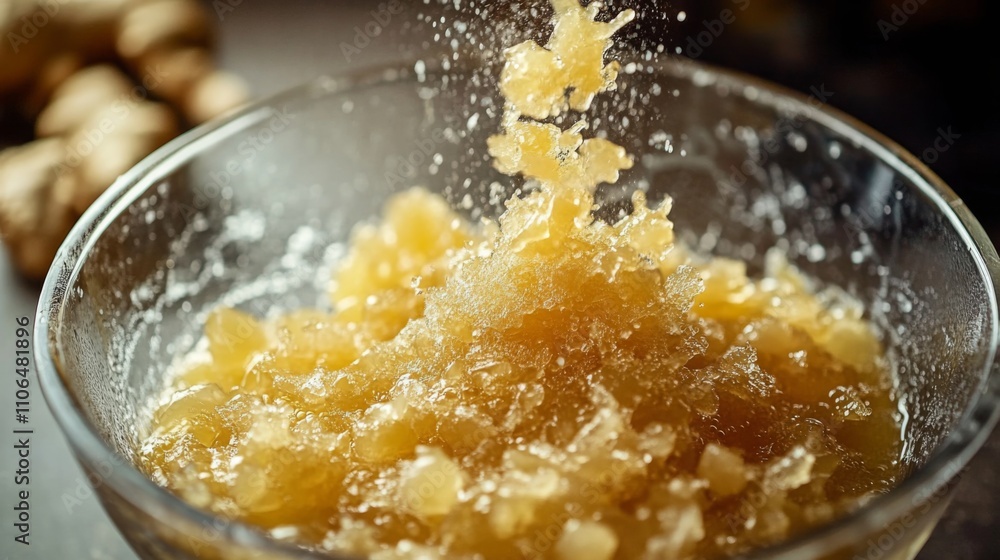 Aufkleber in a kitchen setting, chunks of ginger are being transformed into a natural juice mix. the process s