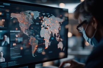 A focused individual examines a digital map with data connections displayed on a screen, representing advanced technology and global analysis.