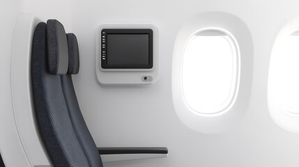 An isolated image of a passenger seat with an aircraft monitor, set against a white background
