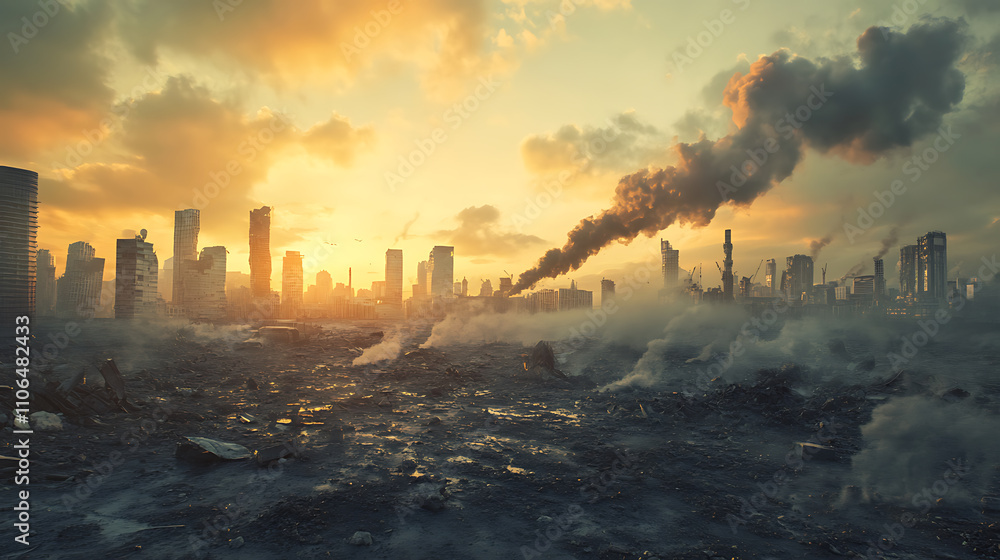 Poster concept of a global catastrophe: the earth devastated by pollution, with the greenhouse effect and g