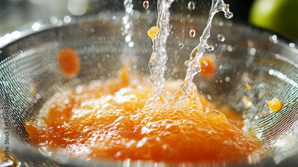 Aufkleber Slices of fruit are being mashed and strained to extract juice using a fine mesh strainer, while water pours over the mixture in a vibrant kitchen filled with natural light.