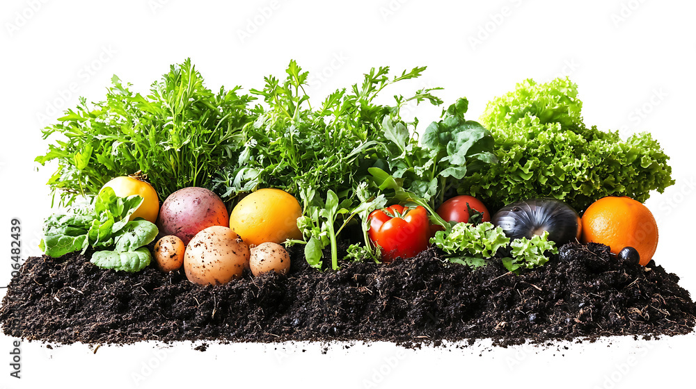 Poster Compost and composted soil in the form of a compost heap from rotting kitchen scraps with fruit and vegetable scraps processed into organic soil for fertilizer as a composite