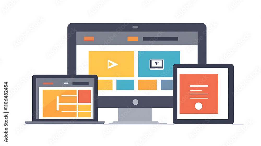 Leinwandbilder Creating a responsive website for multiple platforms, displaying mobile interfaces on laptop, tablet, and smartphone screens, showcasing web technology through content layout