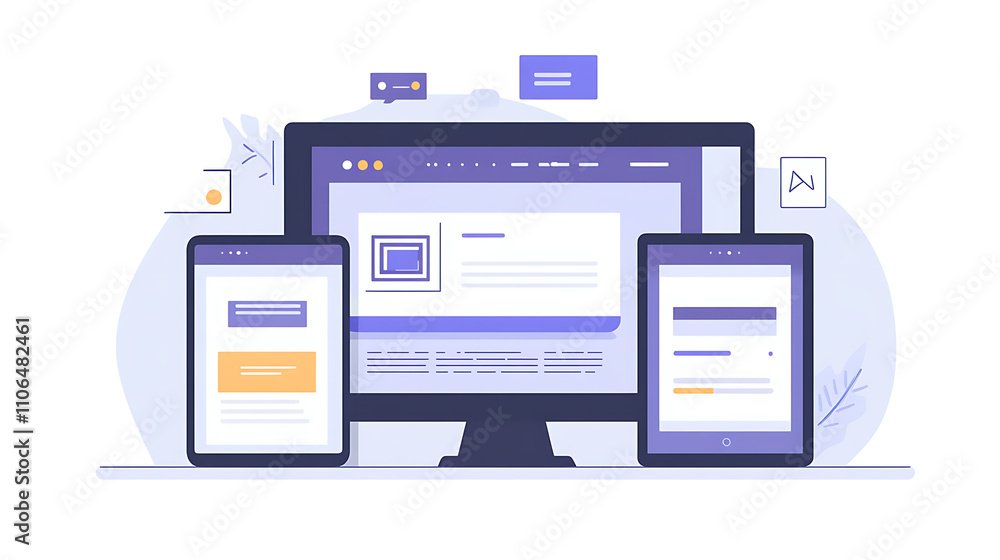 Leinwandbilder Creating a responsive website for multiple platforms, displaying mobile interfaces on laptop, tablet, and smartphone screens, showcasing web technology through content layout