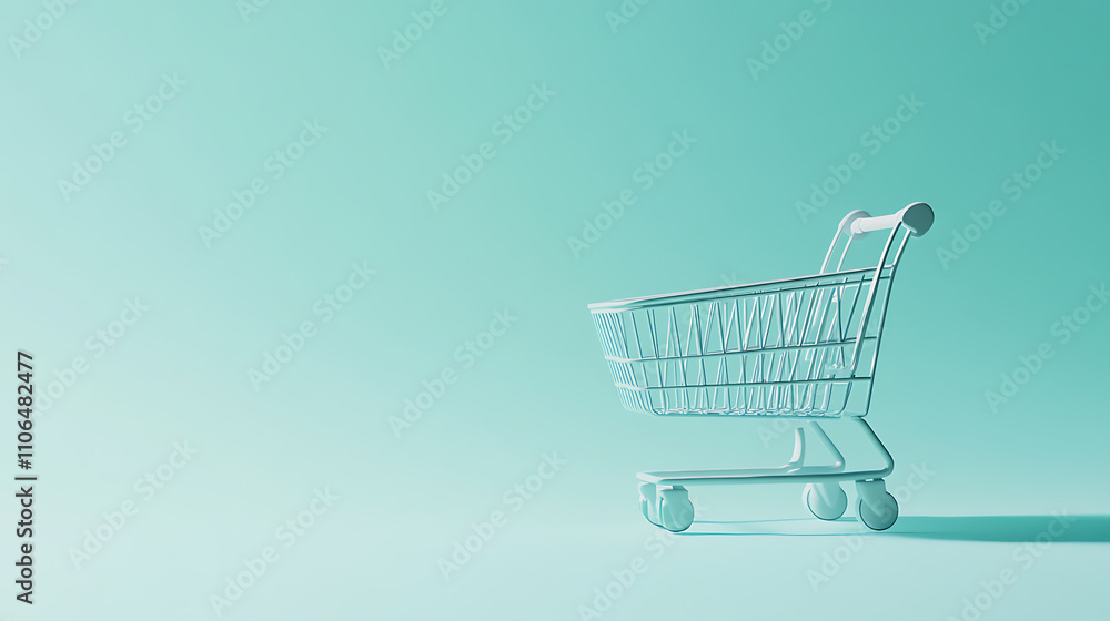 Poster digital illustration of e-commerce with a shopping cart icon over a soft blue background symbolizing