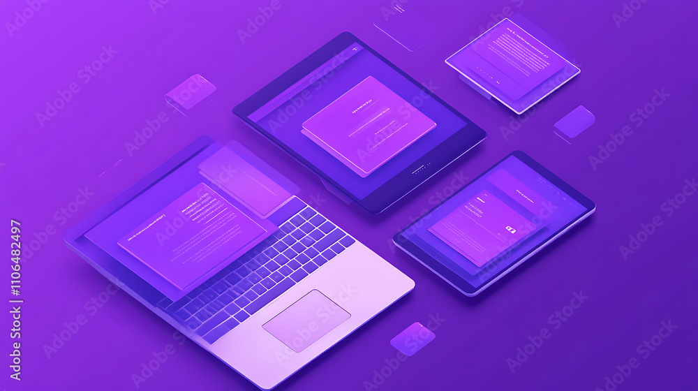 Poster creating a responsive website for multiple platforms, displaying mobile interfaces on laptop, tablet