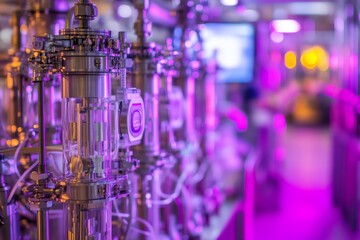 Close-up View of High-Tech Laboratory Equipment with Glass and Metal Components Bathed in Purple Light, Illustrating Advanced Research and Innovation in Scientific Fields