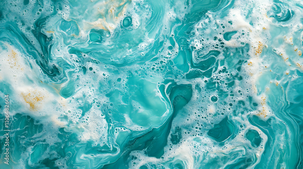 Poster From above aerial view of turquoise ocean water with splashes and foam for abstract natural background and texture