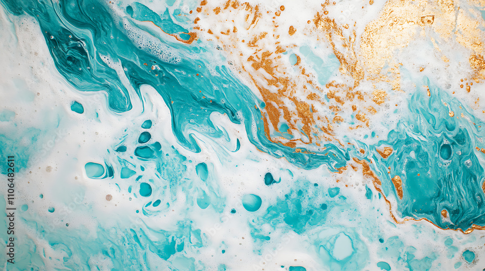 Poster from above aerial view of turquoise ocean water with splashes and foam for abstract natural backgrou