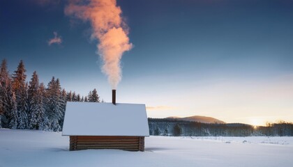 Small cabin with a chimney on a snowy field