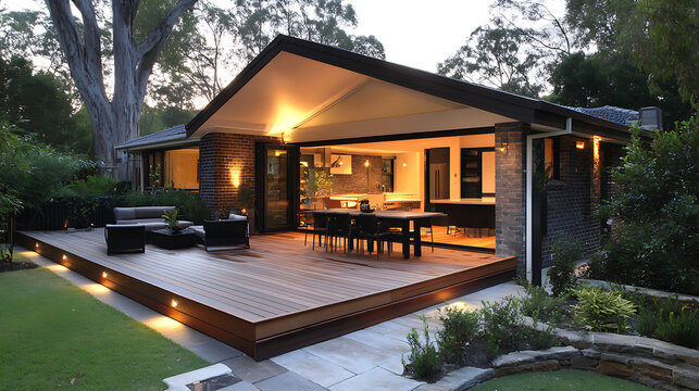Home renovation showing a modern extension with a deck Patio And courtyard area, home improvement and architectural design