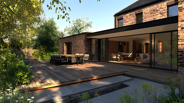 Home renovation showing a modern extension with a deck Patio And courtyard area, home improvement and architectural design