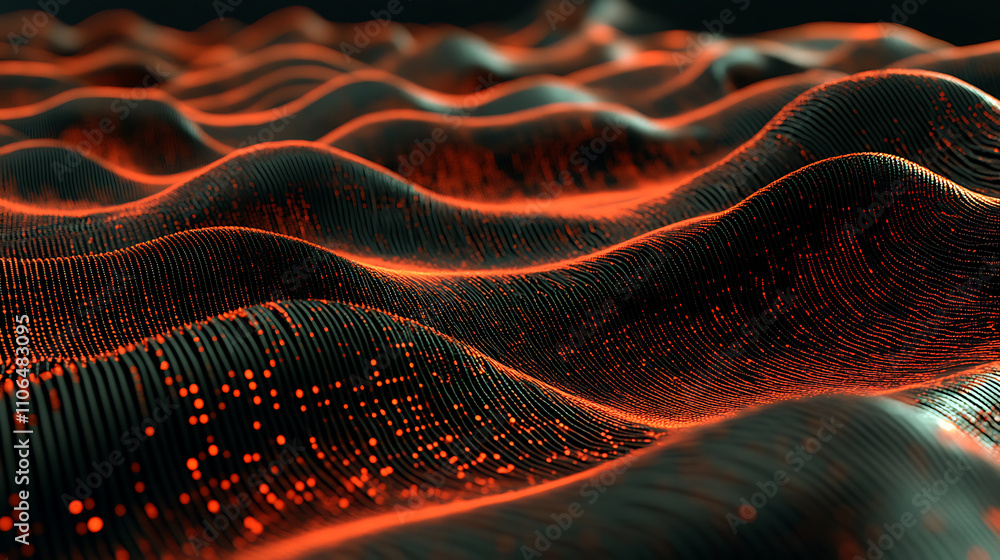 Fototapete A 3D illustration depicting a wavy field with lines resembling a digital code, representing a digital structure and the concept of big data, It showcases a coded data loop in a cyberspace background