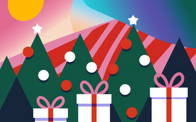 Festive Christmas decorations featuring colorful trees and wrapped gifts set against a bold, vibrant background