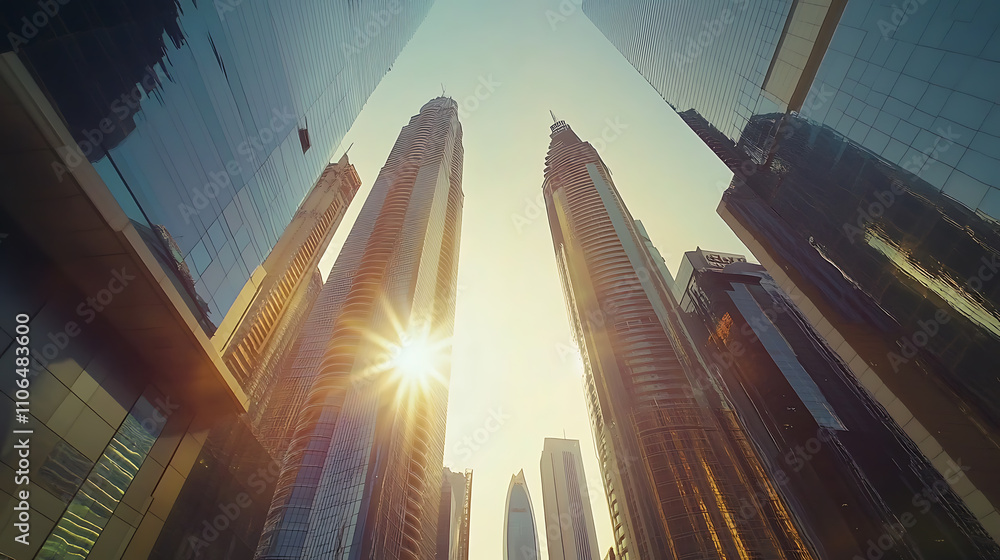 Poster a scenic view captured from the bottom of modern skyscrapers in a bustling business district during 