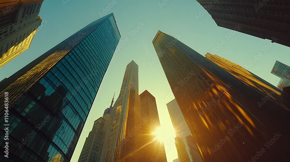 Poster A scenic view captured from the bottom of modern skyscrapers in a bustling business district during the evening light at sunset, The image includes a lens flare filter effect for added ambiance
