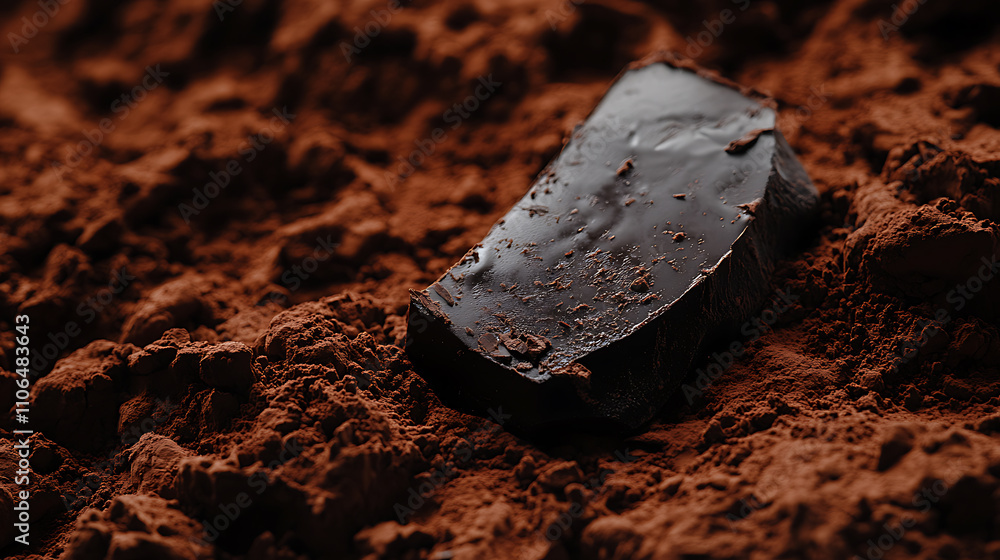 Poster a segment of dark chocolate resting atop a bed of cocoa powder