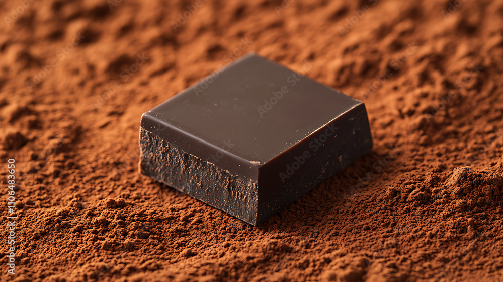 Poster a segment of dark chocolate resting atop a bed of cocoa powder