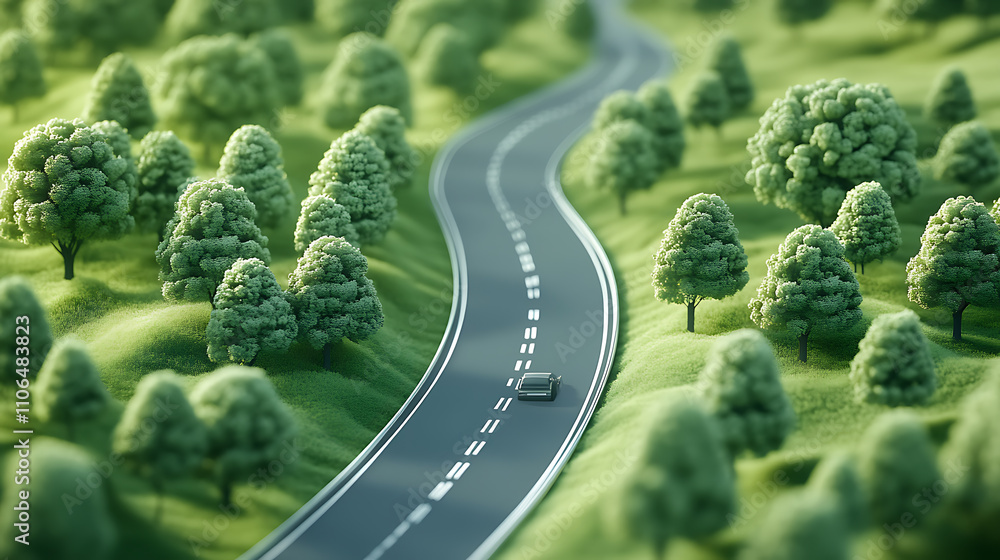 Poster a unique 3d illustration portraying a segment of green highway road in isolation, showcasing creativ