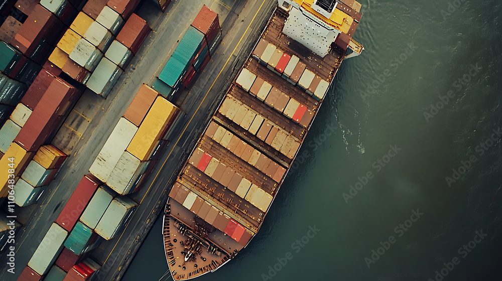 Poster aerial view of a cargo ship loaded with containers highlighting the scale and importance of global t