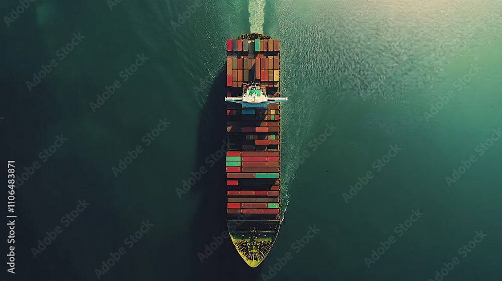 Poster aerial view of a cargo ship loaded with containers highlighting the scale and importance of global t
