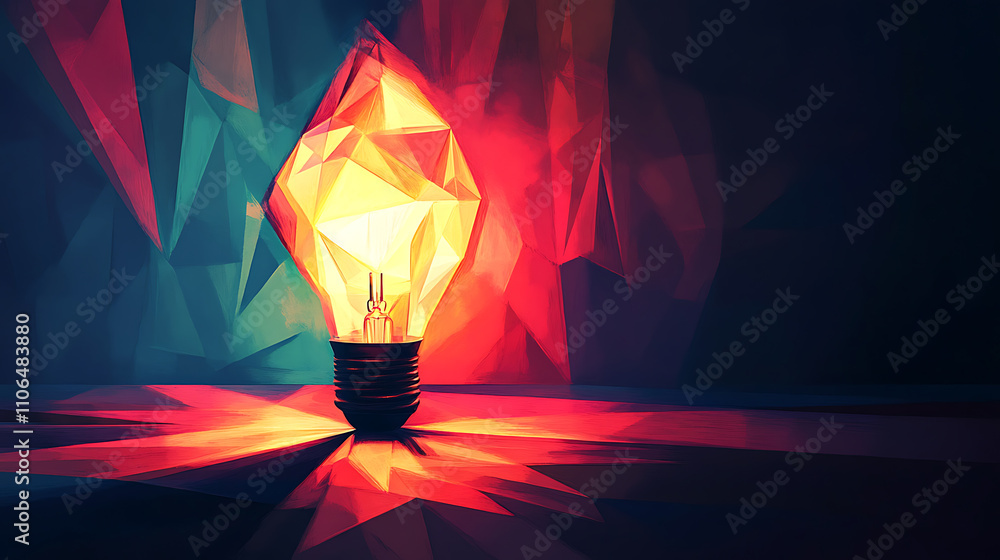 Poster using polygonal lines to create a bright light in an incandescent lamp on a dark background represen