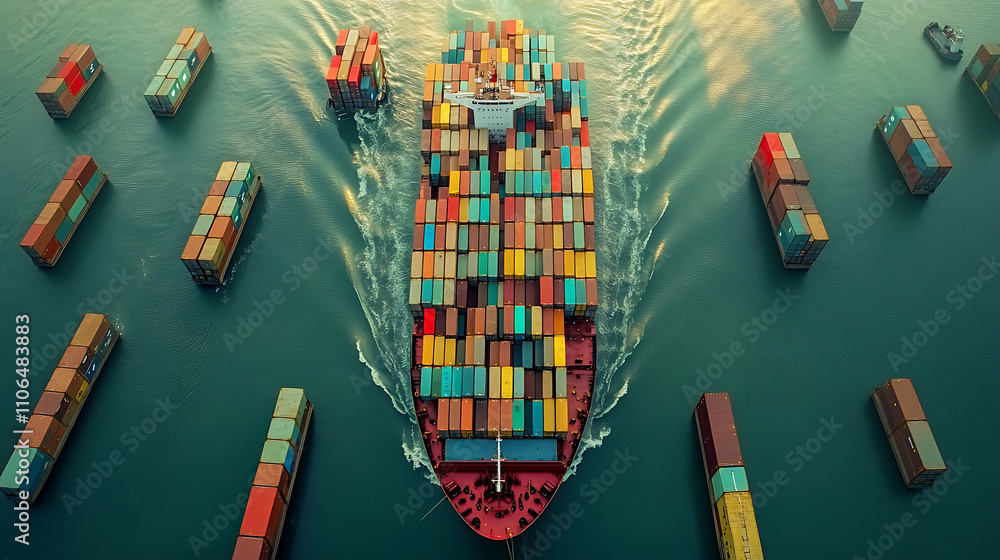 Poster aerial view of a cargo ship loaded with containers highlighting the scale and importance of global t
