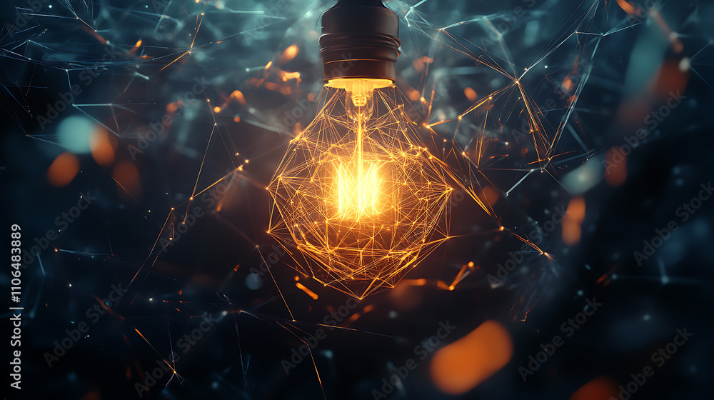Poster using polygonal lines to create a bright light in an incandescent lamp on a dark background represen