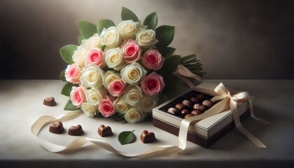 Elegant White and Pink Rose Bouquet with Chocolates - Perfect Valentine's Gift for Her
