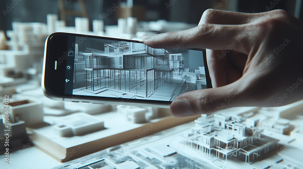 Aufkleber an augmented reality marketing concept for architecture, where a hand holds a smartphone using an ar